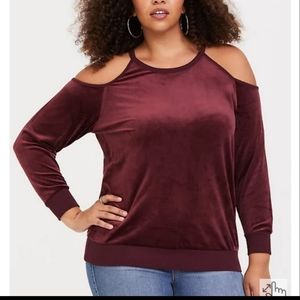 Burgundy Torrid cold shoulder velour sweatshirt
